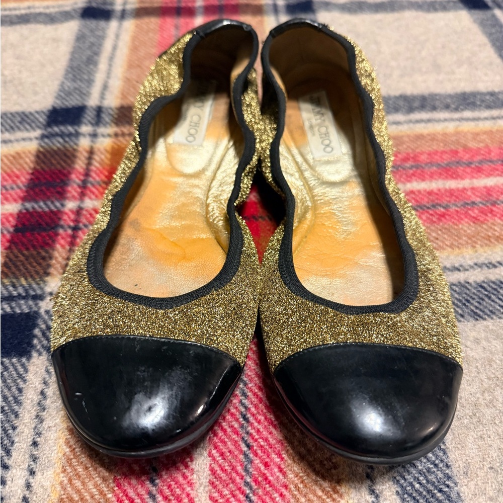 Jimmy Choo Gold and Black Glitter Flats